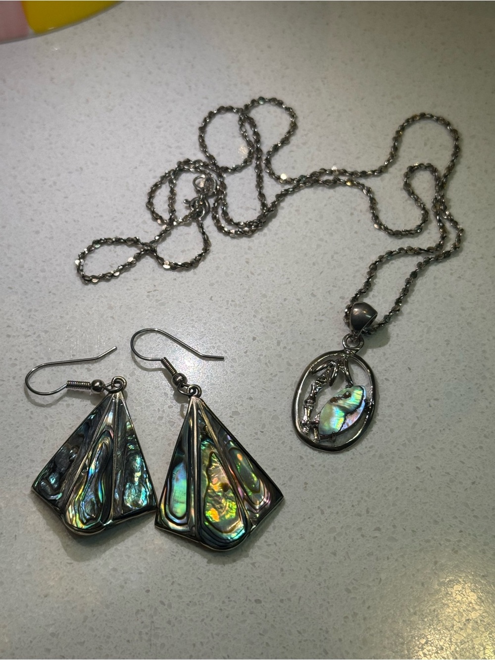 Sterling Silver / Alpaca MexAbalone Shell Necklace and Earrings Set - Picture 3 of 9